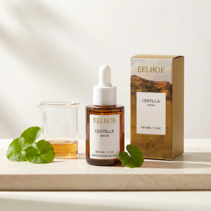 EELHOE Centella Serum — frasco y caja, foto de estudio
