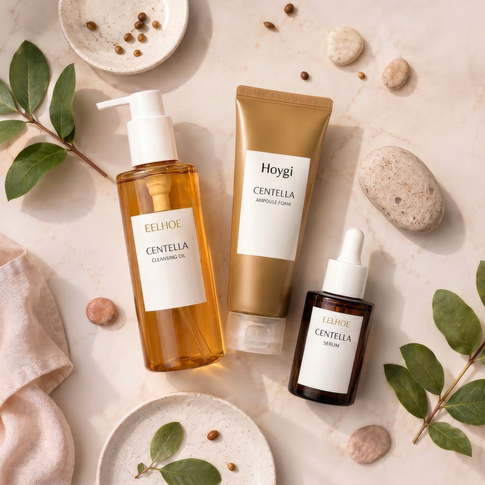 Centella Cleansing Set — EELHOE Cleansing Oil, Hoygi Ampoule Foam y EELHOE Serum